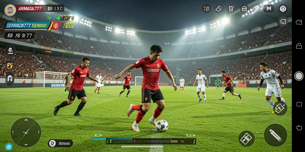 Screenshot gameplay ARMADA777 menampilkan aksi menarik di lapangan sepak bola.
