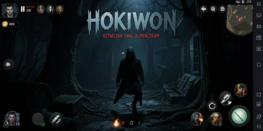 Gameplay HOKIWON yang menegangkan di tengah suasana menyeramkan.