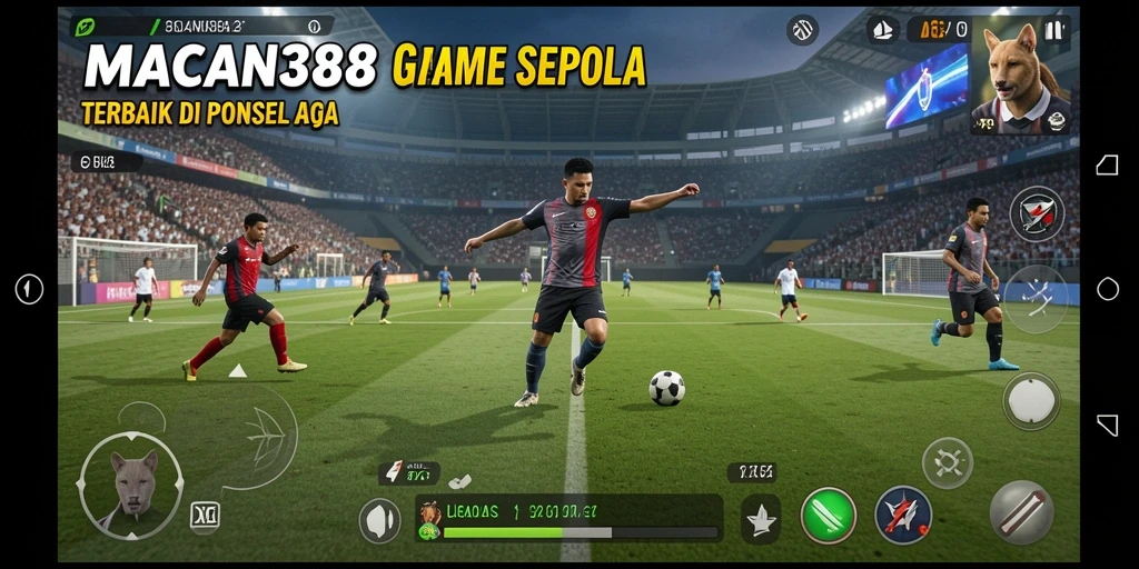 Screenshot menunjukkan aksi seru dalam game sepak bola.
